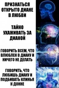 Признаться открыто Диане в любви Тайно ухаживать за Дианой Говорить всем, что влюблен в Диану и ничего не делать Говорить, что любишь Диану и подбивать клинья к ДОнне