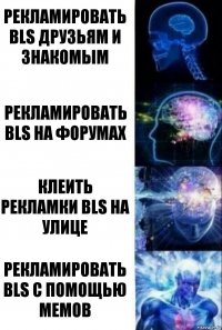 Рекламировать BLS друзьям и знакомым Рекламировать BLS на форумах Клеить рекламки BLS на улице Рекламировать BLS с помощью мемов