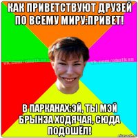 как приветствуют друзей по всему миру:привет! в парканах:эй, ты мэй брынза ходячая, сюда подошёл!