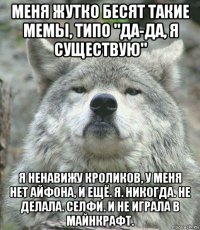 меня жутко бесят такие мемы, типо "да-да, я существую" я ненавижу кроликов, у меня нет айфона, и ещё. я. никогда. не делала. селфи. и не играла в майнкрафт.