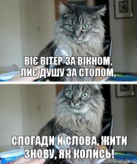 Віє вітер за вікном,
Лиє душу за столом, Спогади й слова, жити
Знову, як колись!