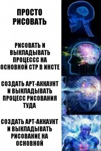 Просто рисовать Рисовать и выкладывать процессс на основной стр в инсте Создать арт-аккаунт и выкладывать процесс рисования туда Создать арт-аккаунт и выкладывать рисование на основной