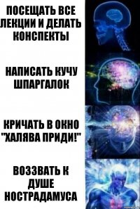 Посещать все лекции и делать конспекты Написать кучу шпаргалок Кричать в окно "Халява приди!" Воззвать к душе Нострадамуса