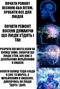 Почати ремонт весною або літом, зробити все для людей Почати ремонт восени думаючи що люди з'їдять і так Розрити пів міста коли на вулиці зима, знаючи що люди з'їли, але вже з декількома мільйонами в кишені Копати вулиці туди-сюди в сніг та мороз, з мільйонами в кишенях, дивлячись як люди "їдять" далі.