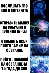 Послушать про зно в интернете Отправить мамку на собрание и пойти на курсы отменить все и пойти самим на собрание Пойти с мамкой на собрание за 1,5 года до зно