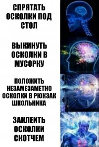 Спрятать осколки под стол Выкинуть осколки в мусорку Положить незамезаметно осколки в рюкзак школьника Заклеить осколки скотчем