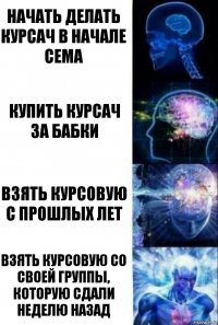 Начать делать курсач в начале сема Купить курсач за бабки Взять курсовую с прошлых лет Взять курсовую со своей группы, которую сдали неделю назад