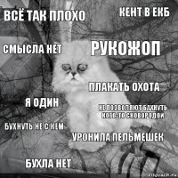 Всё так плохо Не позволяют бахнуть кого-то сковородой Рукожоп БУХЛА НЕТ Я один Кент в ЕКБ Уронила пельмешек Смысла нет Бухнуть не с кем Плакать охота