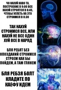 Чо нахуй каво та, построение в 9:00 все нахуй строятся в 8:45, чтобы успеть на это строимся в 8:30 Так нахуй строимся все, или нахуй не все один хуй все в наряд Бля ребят без опозданий строимся строем как бы пойдем, а там глянем Бля ребзя болт кладите по каефу идем