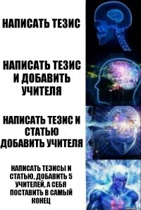 написать тезис написать тезис и добавить учителя написать тезис и статью
добавить учителя написать тезисы и статью, добавить 5 учителей, а себя поставить в самый конец