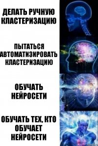 Делать ручную кластеризацию Пытаться автоматизировать кластеризацию Обучать нейросети Обучать тех, кто обучает нейросети