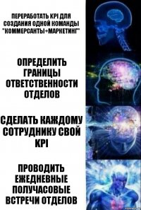 Переработать KPI для создания одной команды "коммерсанты+маркетинг" Определить границы ответственности отделов Сделать каждому сотруднику свой KPI Проводить ежедневные получасовые встречи отделов