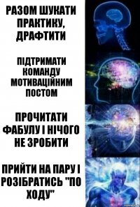 разом шукати практику, драфтити підтримати команду мотиваційним постом прочитати фабулу і нічого не зробити прийти на пару і розібратись "по ходу"