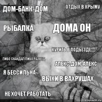 Дом-банк-дом Алекс-дом-алекс Дома он Не хочет работать Либо скандал либо развод Отдых в крыму Выхи в вахрушах Рыбалка Я бессильна Курить в подьезде