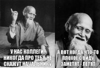 У нас коллеги, никогда про тебя не скажут начальнику а вот когда что-то плохое с виду заметят - летят