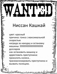 Ниссан Кашкай цвет: красный
причина: гонка с максимальной скоростью
награда за находку и остановку машины: 99999999999999999 долларов
как остановить машину и аррестовать преступника: проколоть колеса , транквилизировать преступника и вызвать полицию.