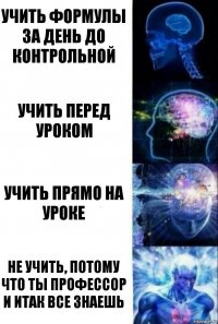 учить формулы за день до контрольной учить перед уроком учить прямо на уроке не учить, потому что ты профессор и итак все знаешь