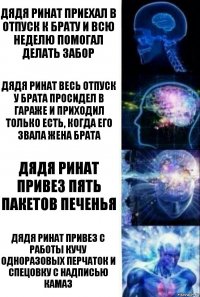 Дядя Ринат приехал в отпуск к брату и всю неделю помогал делать забор Дядя Ринат весь отпуск у брата просидел в гараже и приходил только есть, когда его звала жена брата Дядя Ринат привез пять пакетов печенья Дядя Ринат привез с работы кучу одноразовых перчаток и спецовку с надписью КАМАЗ