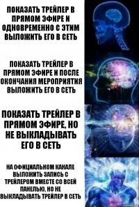 Показать трейлер в прямом эфире и одновременно с этим выложить его в сеть Показать трейлер в прямом эфире и после окончания мероприятия выложить его в сеть Показать трейлер в прямом эфире, но не выкладывать его в сеть На официальном канале выложить запись с трейлером вместе со всей панелью, но не выкладывать трейлер в сеть