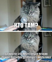 Кто там? Да ни кто! Это я почтальён печкин принёс посылку для вашего мальчика