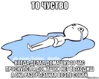 то чуство когда делал домашку 21 час проснулся а домашки нет выходиш а она разгрызаная возле собак