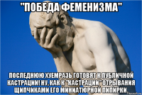 "победа феменизма" последнюю хуемразь готовят к публичной кастрации! ну, как к "кастрации" отрывания щипчиками его миниатюрной пипирки.