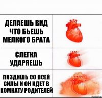 Делаешь вид что бьешь мелкого брата Слегка ударяешь Пиздишь со всей силы и он идет в комнату родителей