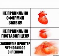 не правильно оформил заявку не правильно поставил цену закинул в принтер черновик со скрепкой