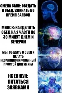 Смена Сани: Обедать в обед, ужинать во время заявок Минск: разделить обед на 2 части по 30 минут днем и вечером Мы: обедать в обед и делать несанкционированный простой для ужина Ксенжук: питаться заявками