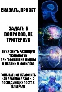 Сказать, привет Задать 6 вопросов, не триггернув Объяснить разницу в технологии приготовления пиццы в италии и могилёве попытаться объяснить как взаимосвязаны 2 последующих поста в телеграме