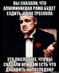 вы сказали, что алюминиевая рама будет ездить, а она треснула это последнее, что вы сказали или вам есть что добавить напоследок?