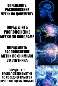 Определить расположение метки по документу Определить расположение метки по панораме Определить расположение метки по снимкам со спутника Определить расположение метки по соседней камере и пролетающему голубю