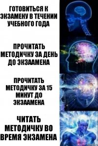 готовиться к экзамену в течении учебного года прочитать методичку за день до экзаамена прочитать методичку за 15 минут до экзаамена читать методичку во время экзамена