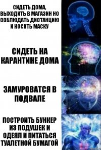 Сидеть дома, выходить в магазин но соблюдать дистанцию и носить маску Сидеть на карантине дома Замуроватся в подвале Построить бункер из подушек и одеял и питаться туалетной бумагой