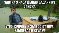 завтра 3 часа делаю задачи из списка утро: срочный запрос от дпу, зампреда и ктулху