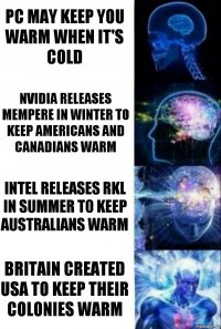 PC may keep you warm when it's cold Nvidia releases Mempere in winter to keep Americans and canadians warm Intel releases RKL in summer to keep australians warm Britain created USA to keep their colonies warm