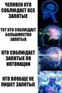 Человек кто соблюдает все запятые Тот кто соблюдает большинство запятых Кто соблюдает запятые по интонации Кто вообще не пишет запятые