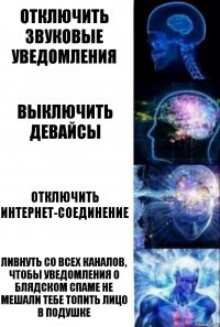 отключить звуковые уведомления выключить девайсы отключить интернет-соединение ливнуть со всех каналов, чтобы уведомления о блядском спаме не мешали тебе топить лицо в подушке