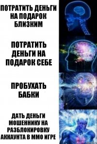 Потратить деньги на подарок близким Потратить деньги на подарок себе Пробухать бабки Дать деньги мошеннику на разблокировку аккаунта в ММО игре