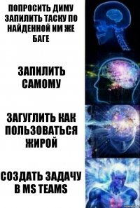 Попросить Диму запилить таску по найденной им же баге Запилить самому Загуглить как пользоваться жирой Создать задачу в MS Teams