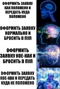 оформить заявку как положено и передать куда положено Оформить заявку нормально и бросить в пул оформить заявку кое-как и бросить в пул оформить заявку кое-как и передать куда не положено