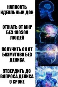 Написать идеальный док Отжать от МКР без 100500 людей Получить ок от Бахмутова без Дениса Утвердить до вопроса дениса о сроке