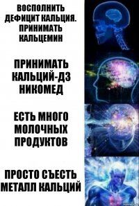 ВОСПОЛНИТЬ ДЕФИЦИТ КАЛЬЦИЯ.
Принимать Кальцемин Принимать Кальций-Д3 Никомед Есть много молочных продуктов Просто съесть МЕТАЛЛ КАЛЬЦИЙ