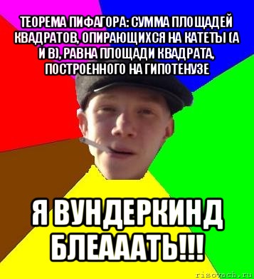 теорема пифагора: сумма площадей квадратов, опирающихся на катеты (a и b), равна площади квадрата, построенного на гипотенузе я вундеркинд блеааать!!!