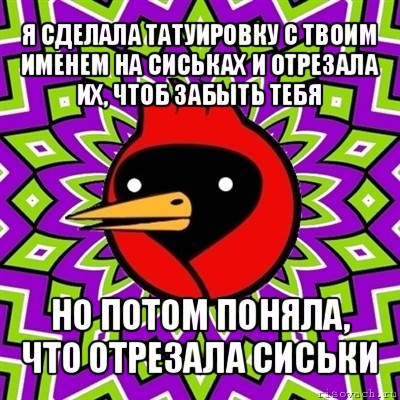 я сделала татуировку с твоим именем на сиськах и отрезала их, чтоб забыть тебя но потом поняла, что отрезала сиськи, Мем Омская птица