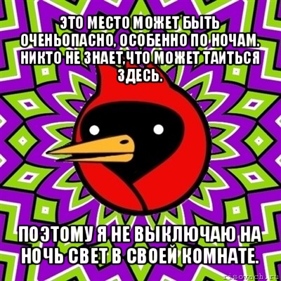 это место может быть оченьопасно, особенно по ночам. никто не знает,что может таиться здесь. поэтому я не выключаю на ночь свет в своей комнате., Мем Омская птица