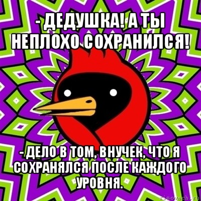 - дедушка! а ты неплохо сохранился! - дело в том, внучек, что я сохранялся после каждого уровня., Мем Омская птица