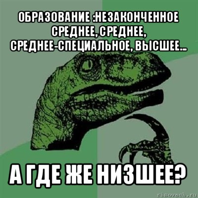 образование :незаконченное среднее, среднее, среднее-специальное, высшее... а где же низшее?, Мем Филосораптор