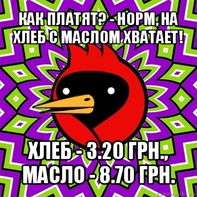 как платят? - норм, на хлеб с маслом хватает! хлеб - 3.20 грн., масло - 8.70 грн., Мем Омская птица