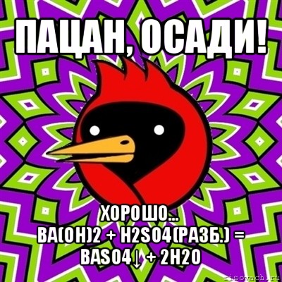 пацан, осади! хорошо...
ba(oh)2 + h2so4(разб.) = baso4↓ + 2h2o, Мем Омская птица